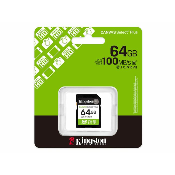 Kingston 64GB SDHC Canvas Select Plus Gen 3 100R64GB SDXC Canvas Select Plus 100R C10 UHS-I U1 V10
